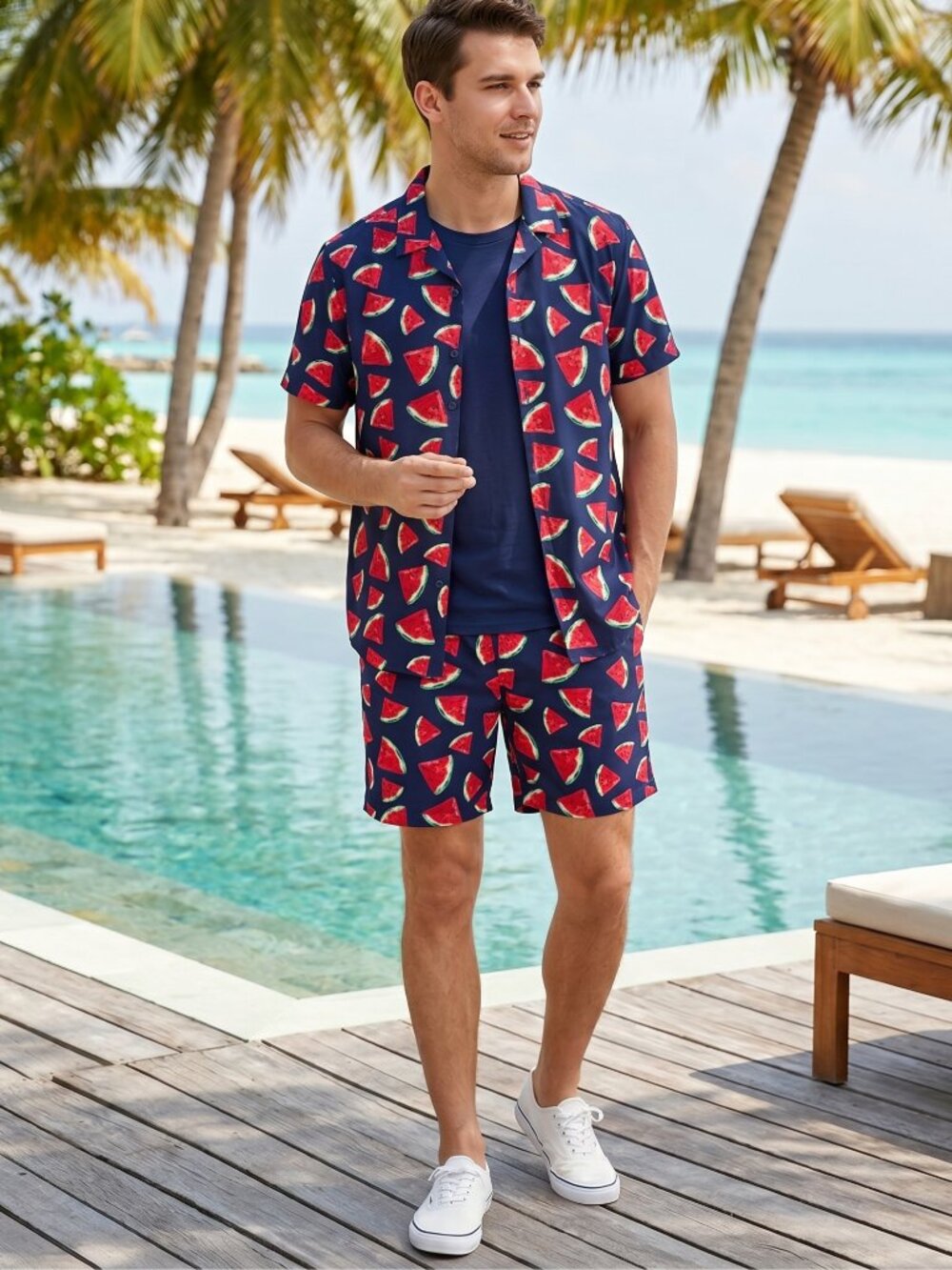 NWT | JOGAL | Navy Blue | 2pc Watermelon Print Button Up & Shorts Set | Small